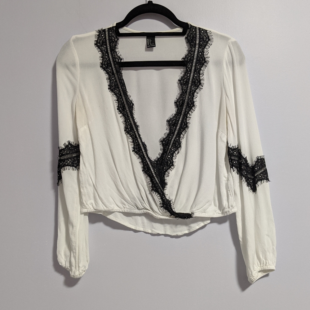 Forever 21 Black Lace Trim White Blouse